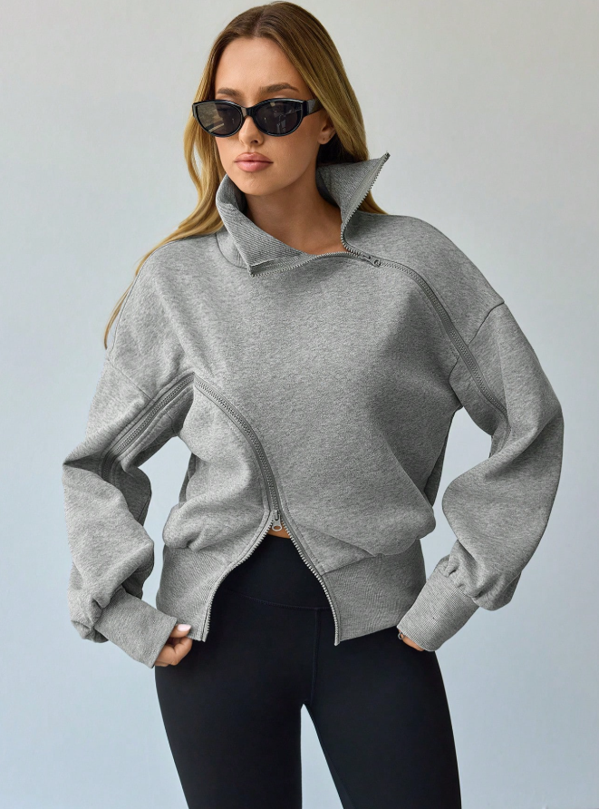 Women's Thermal Lined High Neck Lantern Sleeve Zip Placket Sweatshirt 