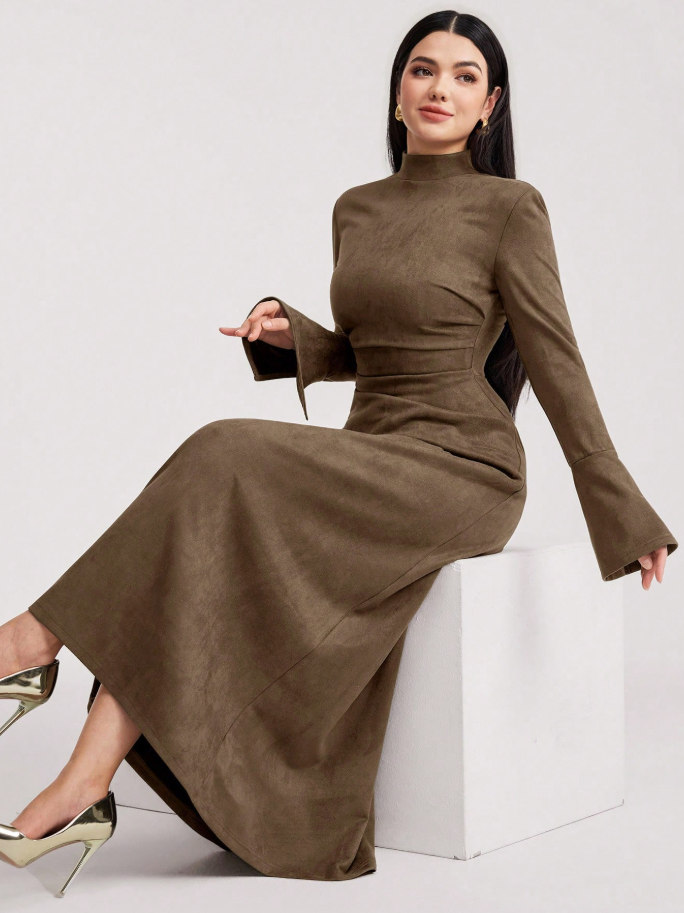 Stand Collar Flare Sleeve Cinched Waist Dress