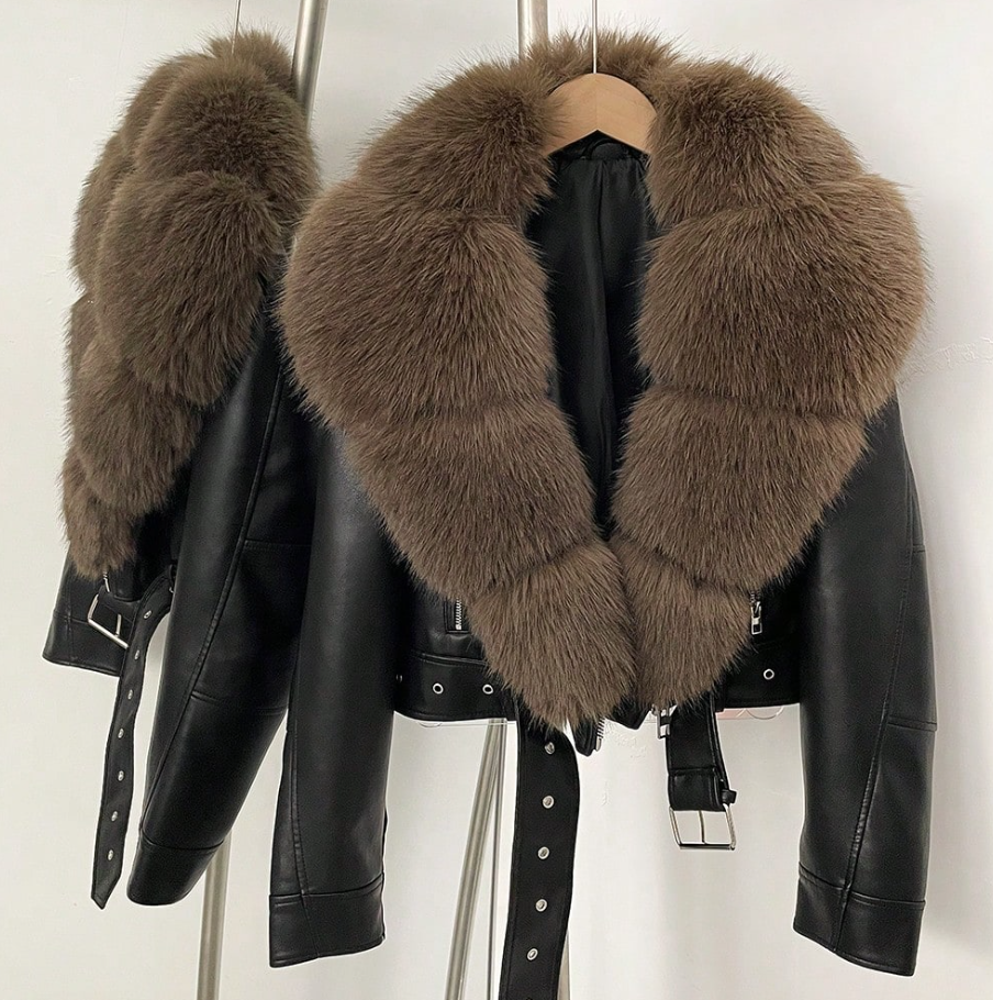 Women's Solid Color PU Leather Jacket With Faux Fur Collar