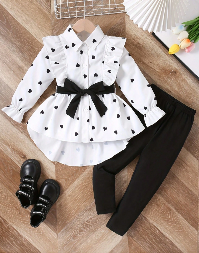2pcs Girls Outfit With Waist Belt Top And Leggings