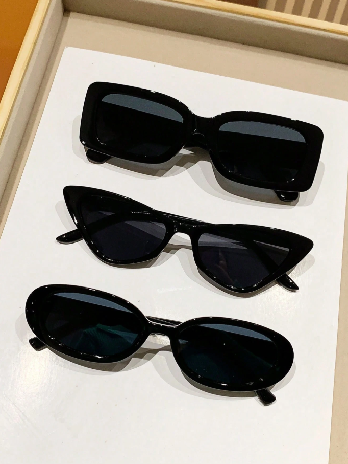 3pcs Vintage Rectangle & Oval Cat-Eye Frames Sunglasses Set