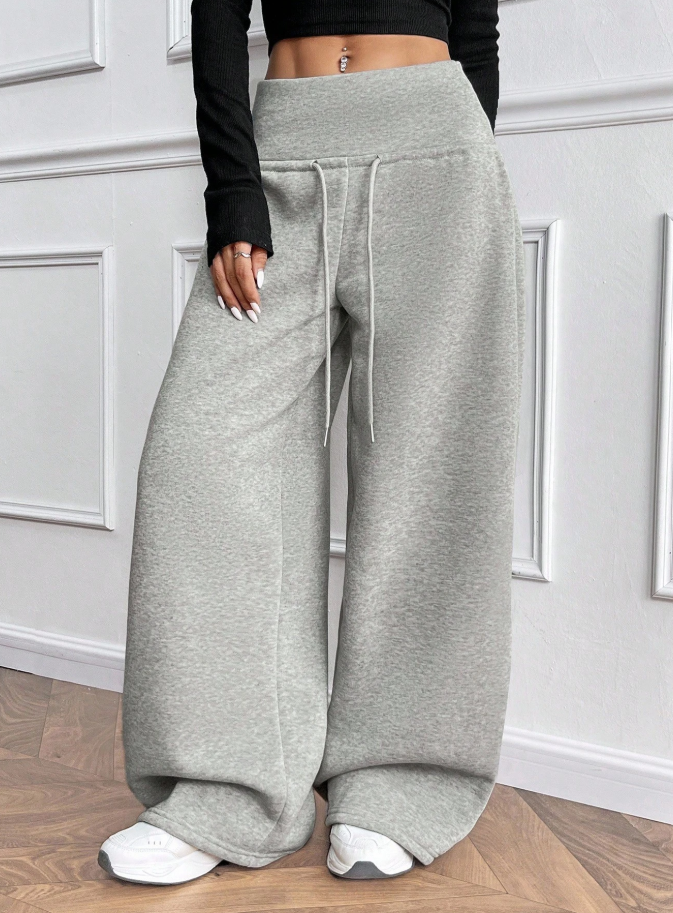 Grey Knit Thermal Lined Drawstring Waist Straight Leg Loose Pants