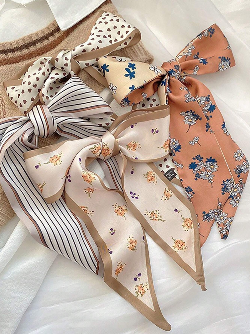 4pcs/Set Elegant Khaki Silk Scarves & Floral Pattern Hairbands & Stylish Hair Tie