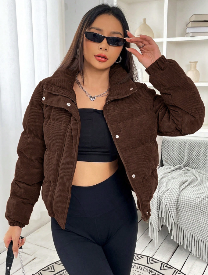 Women's Casual Coffee Brown Zipper Snap Corduroy Cotton Jacket