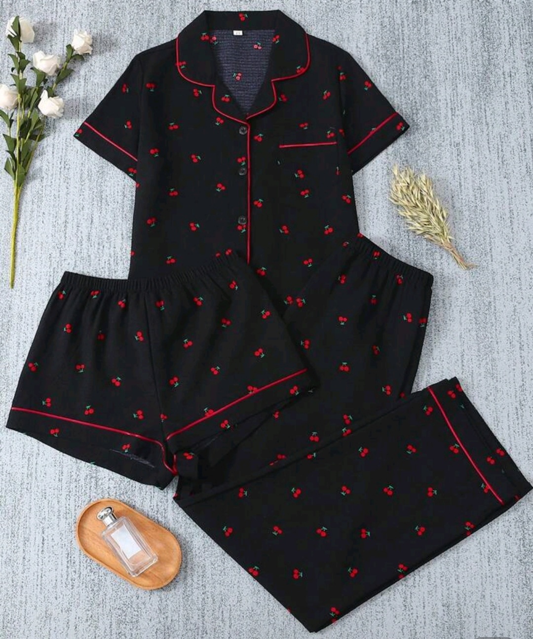 3pcs/Set Ruffled Red Cherry Pattern Short Sleeve Cardigan, Shorts & Pants Pajama Set