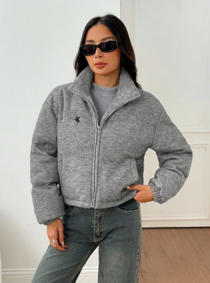 Women's Upgraded Gray Solid Color Zip-Up Casual Knitted Casual Coat