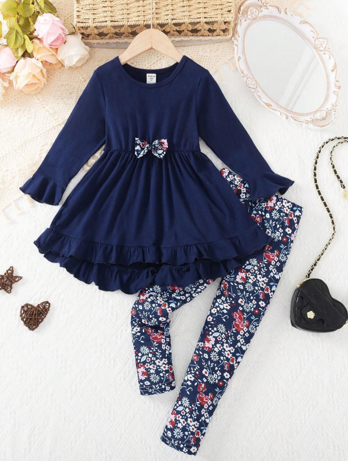 Girls' Frill Dress & Floral Pants Set -2-Piece
