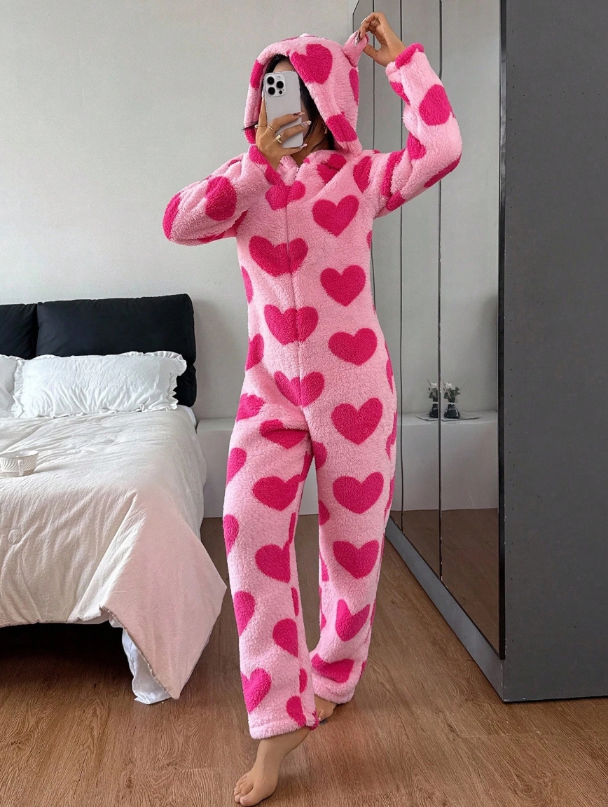 Eraneu Heart Print Hooded Long Sleeve Plush Fluffy Pajama Jumpsuit
