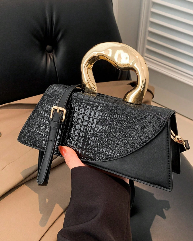 1pc Black Crocodile Embossed Flap Handbag, Shoulder & Crossbody Bag