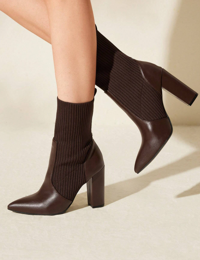 Women's Fashion Fabric Elastic Pointed Toe Chunky Heel Mid-Calf Boots