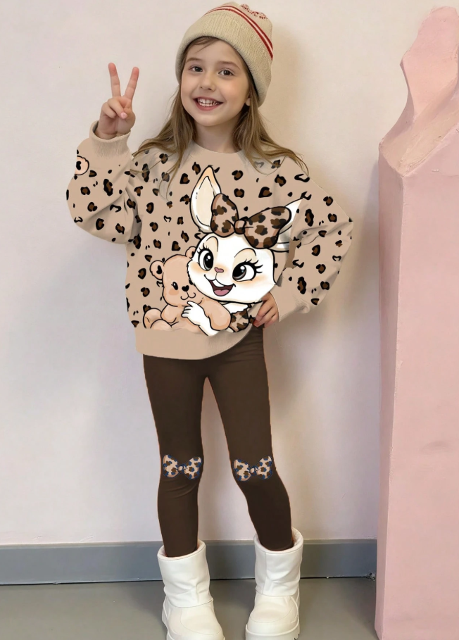 2pcs/Set Cute Rabbit & Leopard Print Top