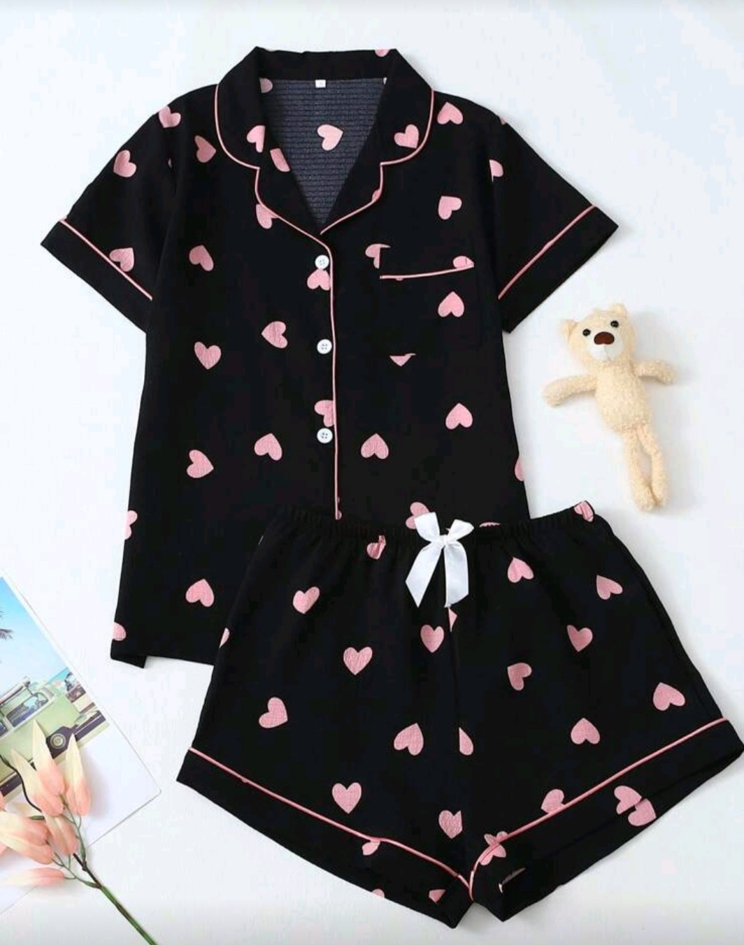 Women's Heart Print Bubble Crinkle Short Sleeve Shorts Pajama Set