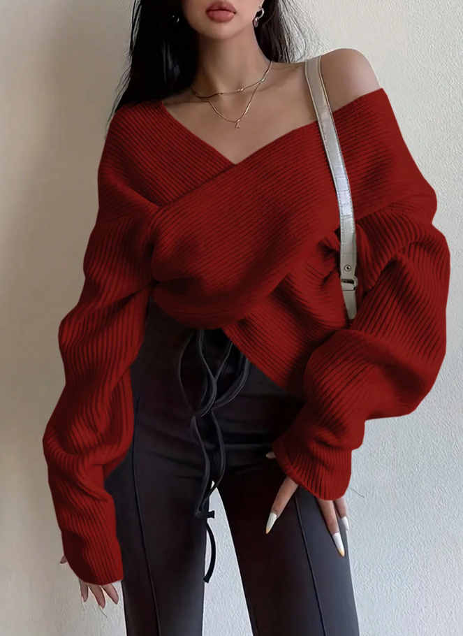 Surplice Neck Batwing Sleeve Loose Sweater