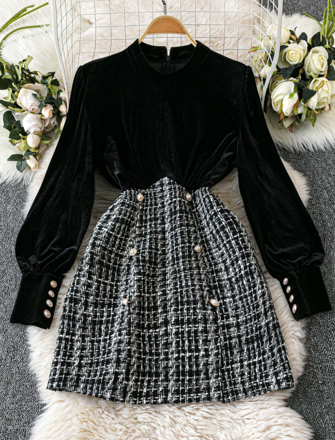 Long Sleeve Button Plaid Hem Design Elegant & Tweed Patchwork Dress