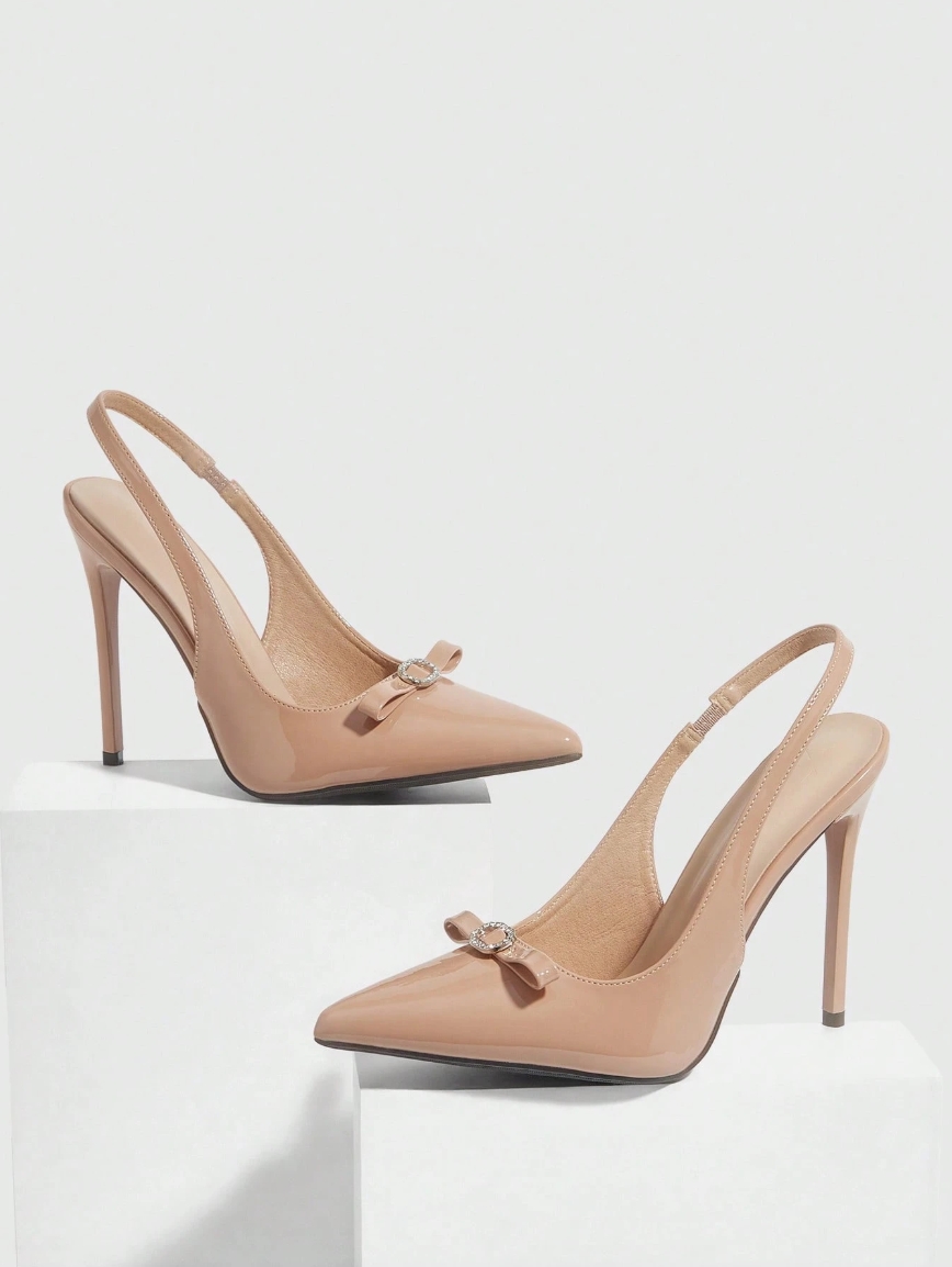 Women Shoes Pointed Stiletto Brown Bow Diamond Buckle Slingback