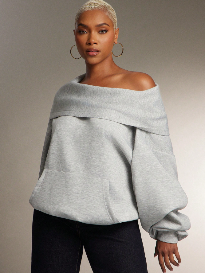 Women's Solid Color Drop Shoulder Long Sleeve Casual Sweatshirt With Pockets
