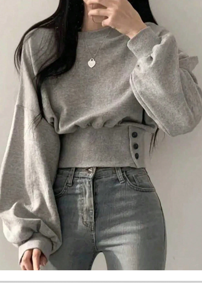 Round Neck Drop Shoulder Long Sleeve Cinched Waist Casual Sweatshirt