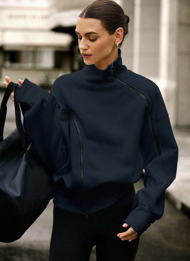  Women's Fashion Colorblock Zipper Fleece Turtleneck Lantern Sleeve Sweatshirt