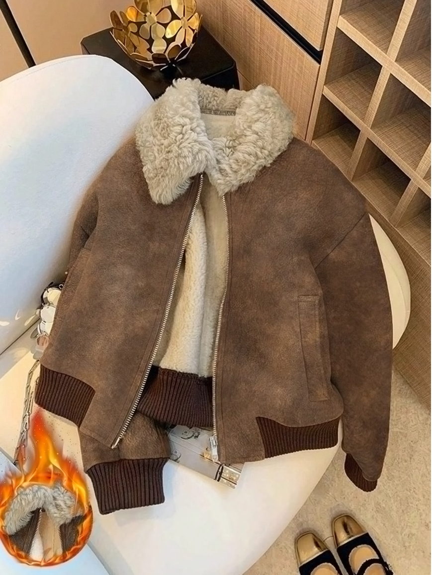 Temperament Casual Lapel Fur One-Piece Thick Brown Jacket 